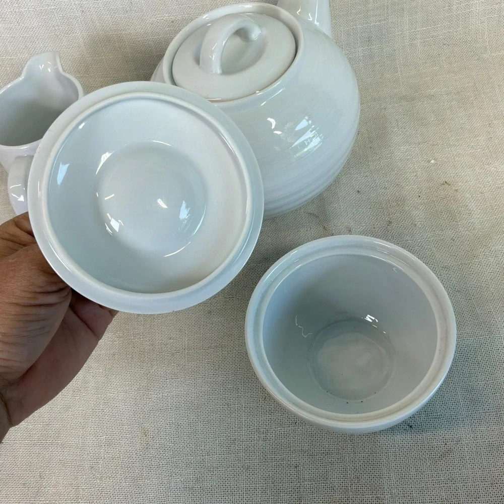 Crate & Barrel Spal White Ribbed Porcelain Tea Set Teapot Creamer Sugar Portugal